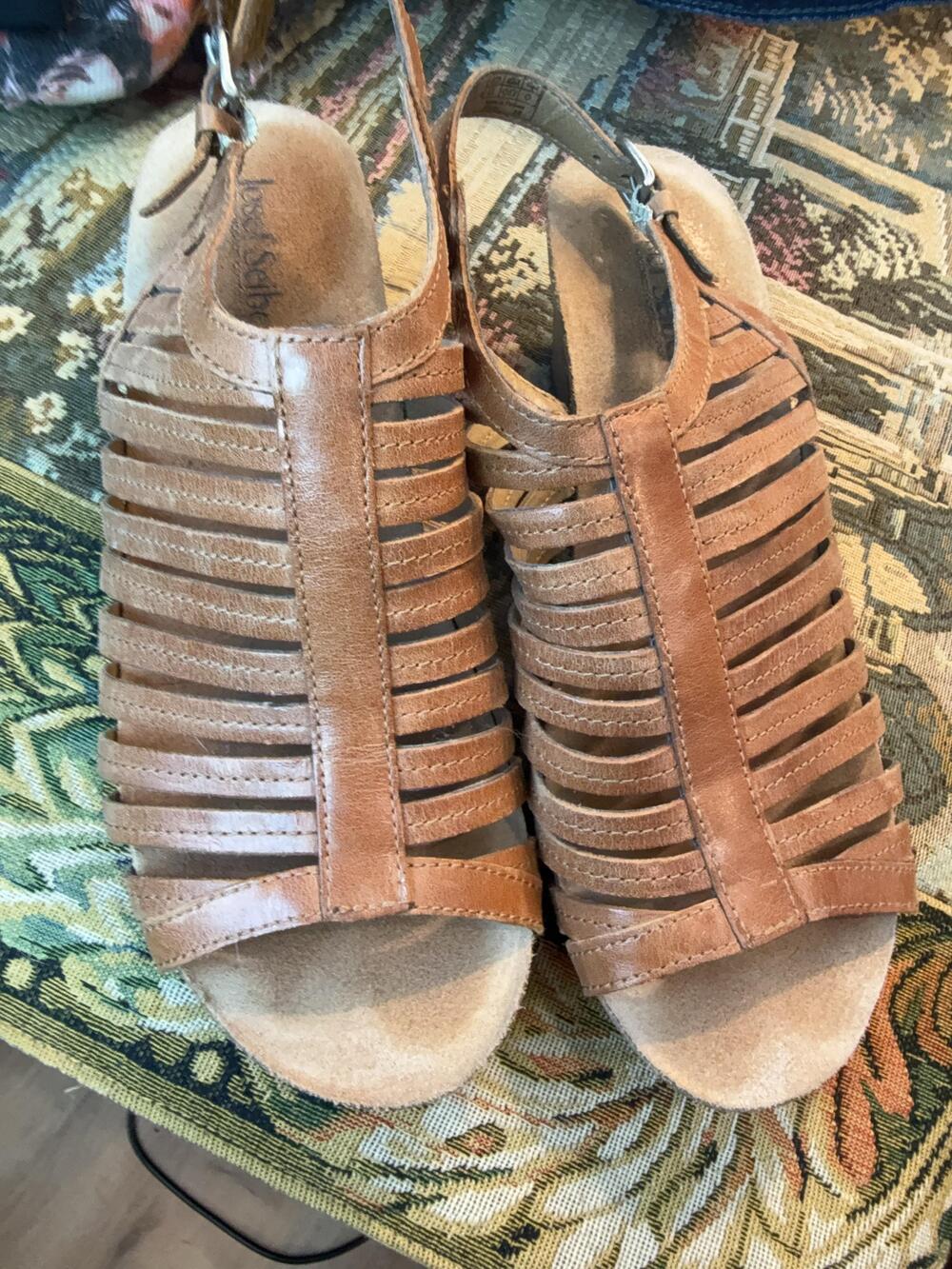 Josef Seibel Sandals Womens 8 Brown Leather Strappy Slingback Wedge Comfort